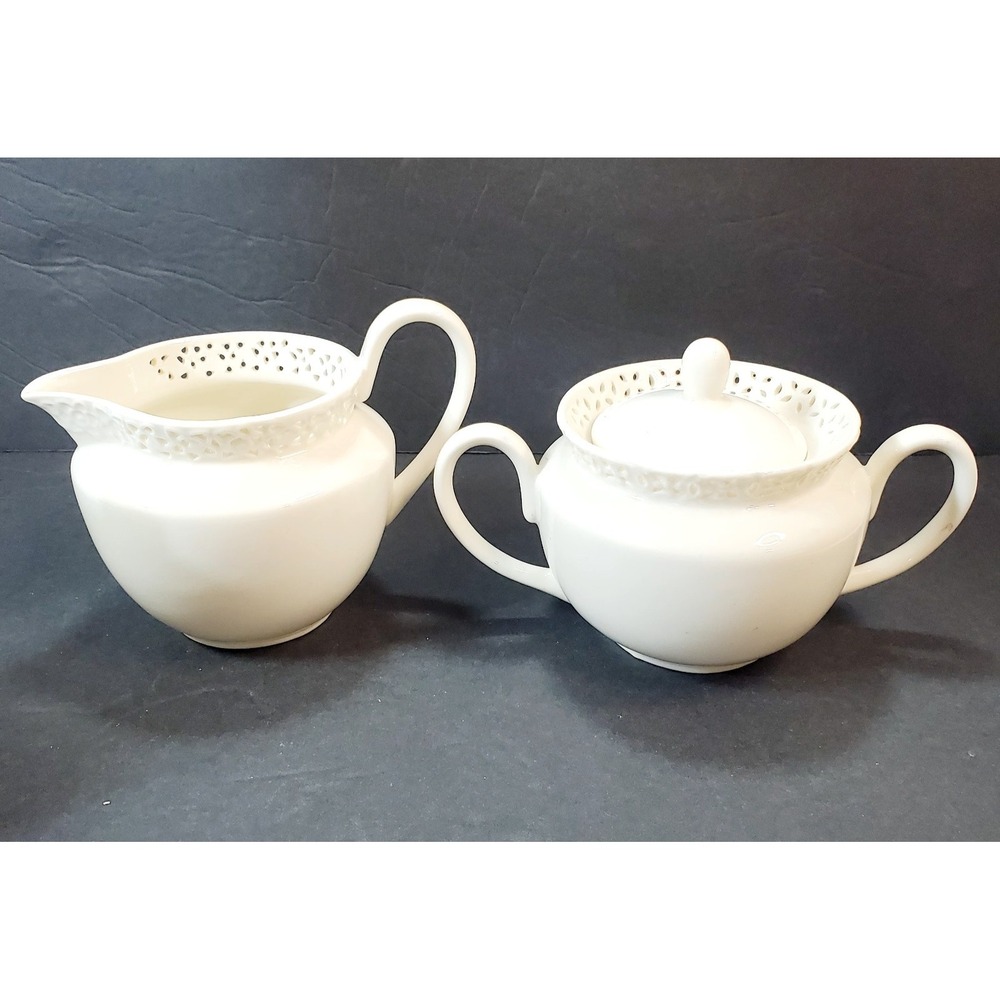 Vintage L. Godinger Co Cream Lace Reticulated Sugar Bowl with Lid & Creamer
